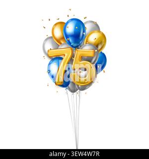 A celebratory bunch of balloons with golden 75 number balloons floating against a white background. Stock Vector