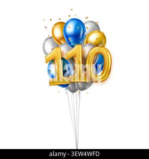 A vibrant cluster of metallic balloons forming the number 110 with gold, blue, and silver accents against a white background. Stock Vector