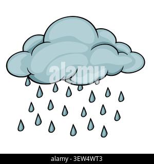Cartoon vector illustration of a grey rain cloud with falling raindrops, isolated on white background Stock Vector
