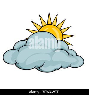 Cartoon vector illustration of a bright yellow sun peeking from behind a fluffy, light blue cloud. Stock Vector