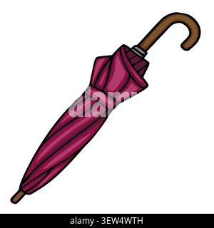 Closed magenta umbrella vector illustration with wooden handle on white background Stock Vector