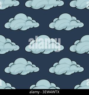 Seamless vector pattern featuring fluffy blue clouds on a dark navy background Stock Vector
