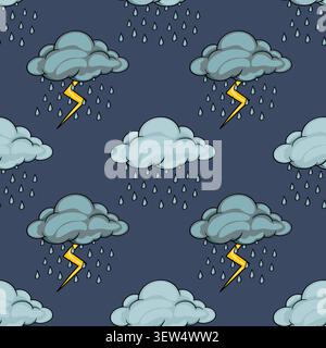 Seamless vector pattern with stormy rain clouds and yellow lightning bolts on a dark blue background Stock Vector