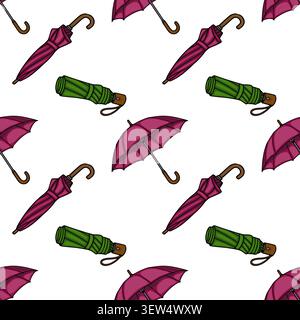 Seamless vector pattern with colorful umbrellas, hand-drawn autumn rain accessories, violet and green parasols on white background Stock Vector