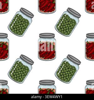 Seamless vector pattern with glass jars filled with pickled green peas and spicy red chili peppers Stock Vector