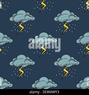 Seamless pattern with cartoon storm clouds, rain, and yellow lightning bolts, vector illustration Stock Vector