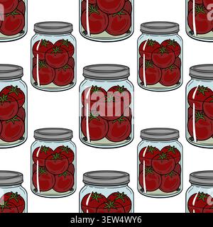 Seamless vector pattern with glass jars filled with pickled red tomatoes, hand-drawn style food illustration Stock Vector