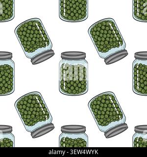 Seamless vector pattern with glass jars filled with preserved green peas on a white background Stock Vector
