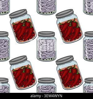 Seamless vector pattern of jars filled with pickled red chili peppers and sliced onions, preserving food illustration Stock Vector