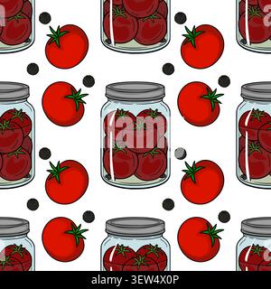 Seamless vector pattern with pickled tomatoes in glass jars and fresh red tomatoes with black peppercorns Stock Vector