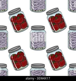 Seamless vector pattern of jars filled with pickled red onions and whole tomatoes, perfect for food packaging and kitchen decor. Stock Vector