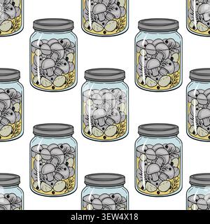 Seamless pattern with vector illustration of glass jars filled with pickled mushrooms and spices Stock Vector