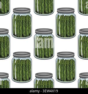 Seamless vector pattern with glass jars of pickled green asparagus stalks on white background Stock Vector