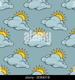 Seamless vector pattern with cartoon sun hiding behind fluffy blue rain clouds Stock Vector