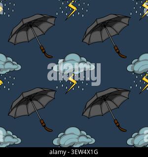 Seamless vector pattern with black umbrellas, storm clouds, and lightning bolts on a dark blue background Stock Vector
