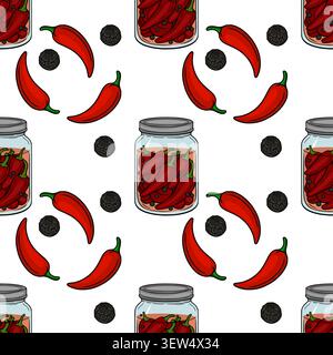Seamless vector pattern with pickled red chili peppers in glass jars and black peppercorns, spicy food illustration Stock Vector