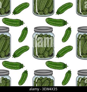Seamless vector pattern with glass jars of pickled cucumbers and fresh gherkins on white background Stock Vector