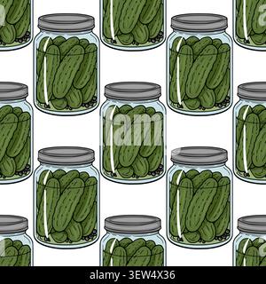 Seamless vector pattern with glass jars of pickled cucumbers and peppercorns, hand-drawn food illustration. Stock Vector
