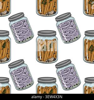 Seamless vector pattern with glass jars of pickled vegetables, carrots, and red onion rings Stock Vector