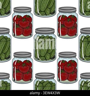 Seamless vector pattern with glass jars of pickled tomatoes and cucumbers, preserved vegetables illustration Stock Vector