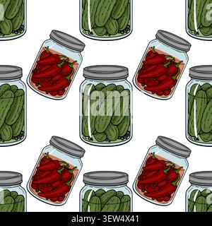 Seamless vector pattern with glass jars of pickled cucumbers and spicy red chili peppers Stock Vector
