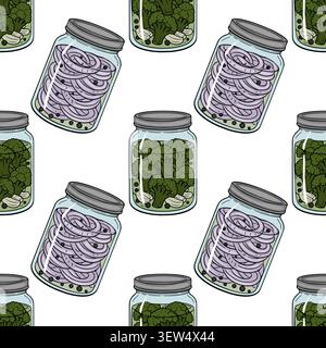 Seamless vector pattern of pickled broccoli and sliced red onions in mason jars, food illustration Stock Vector