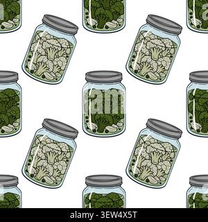 Seamless vector pattern with glass jars of pickled broccoli and cauliflower florets Stock Vector