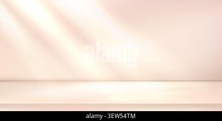 Product studio bg with white light rays on wall, cream podium shadow. Empty floor for 3d cosmetic backdrop, beige minimal scene. Neutral pink gold Stock Vector