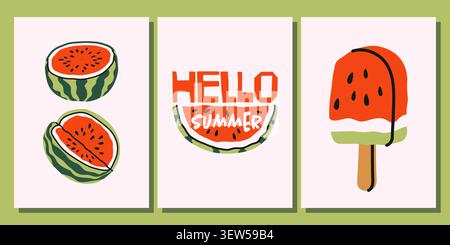 Watermelon popsicle and fruit slice summer poster templates set in hand drawn flat minimalist style Stock Vector
