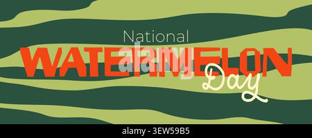 National watermelon day horizontal banner background with green striped texture in hand drawn flat style Stock Vector