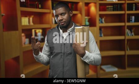 Man holding rolled blueprints and cardboard tubes makes two fingers gesture toward his temple amid wood bookshelves in a building; thoughtful planning Stock Photo