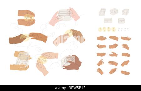 Multiple hand gestures in various positions, hands with box and key isolated on white background Stock Vector