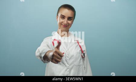 Woman doctor in white lab coat gives thumbs up with visible thumb and red stethoscope in studio; encouragement confidence. Stock Photo