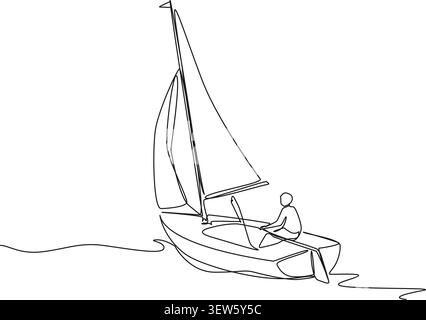 continuous line drawing of person sailing a dinghy sailboat. man navigating a small sailboat, travel, leisure, and water sports concept. line art Stock Vector