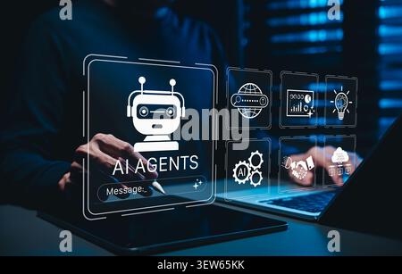AI agents automation concept with autonomous system, chatbot, analytics, cloud, internet and icon for intelligent assistant, business productivity, Stock Photo