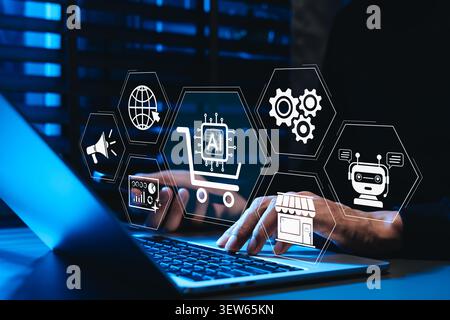 AI ecommerce automation concept. Person using laptop with shopping cart, chatbot, analytics and workflow icons, smart retail technology, online store Stock Photo