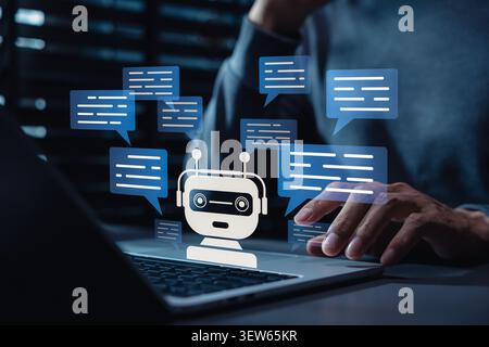 AI chatbot communication and digital customer support concept with virtual assistant, chat bubbles, automated replies, AI agent, online messaging, Stock Photo