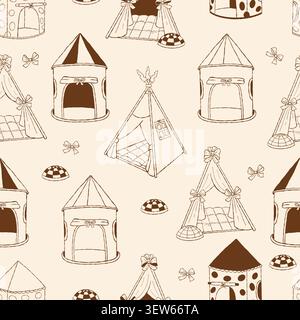 Sensory Integration Autism Tent Seamless Pattern. Outline Brown Occupational Therapy Calming Den on Beige Repeating Background. Children Playhouse Spe Stock Vector