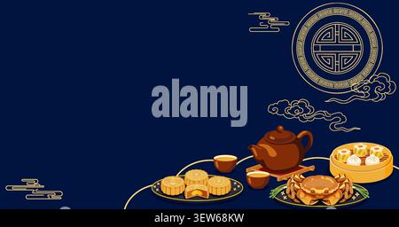 Editable Mid-Autumn Festival horizontal banner with traditional food, mooncakes, crab, dim sum, and tea on dark blue background with copy space. Stock Vector