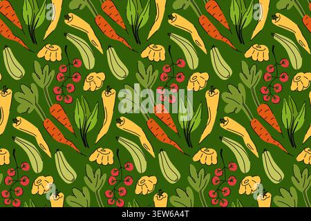 Rich vegetable pattern for local market on dense green background, pepper, zucchini, carrot, squash, greens, tomato, farm to table, farm products for Stock Vector