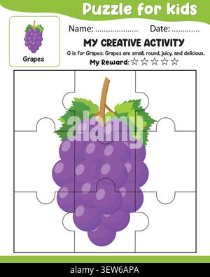Vector Puzzle For Kids Creative Activity Sheet Learn Grapes With Matching Shapes And Star Reward Stock Vector