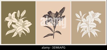 Three stylized lily illustrations in vintage style Stock Vector
