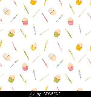 Seamless pattern with cupcakes and birthday candles in scattered layout. Vector illustration in soft flat minimal style. Festive dessert background Stock Vector
