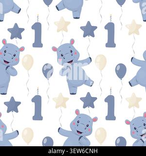 Seamless pattern with cute hippos, balloons, stars and number one. Vector illustration in soft flat cartoon style. Kids birthday background for Stock Vector