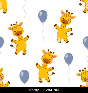 Seamless pattern with cute giraffes and balloons. Vector illustration in soft flat style. Playful background for kids textile, nursery decor, wrapping Stock Vector