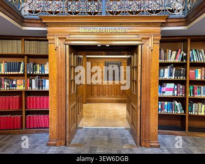 The Edwardian Imperial style wood-paneled entrance to the Hornby Library in Liverpool Central Library, Liverpool, United Kingdom. Stock Photo