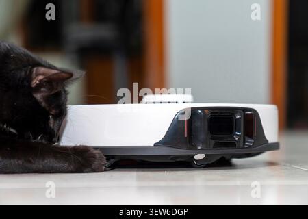 Modern robotic vacuum cleaner cleaning dust on a tile floor in a smart home. Automated housekeeping and wireless smart cleaning technology. Stock Photo