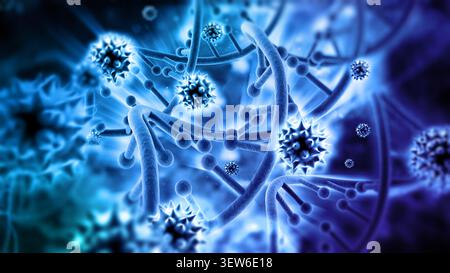 DNA strands background with blue color tones. 3D illustration. Stock Photo