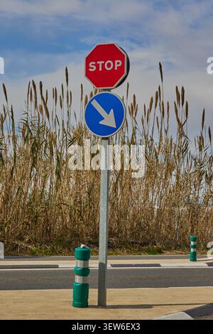 Road signs on one pillar. Red Stop Sign and White Arrow Sign in Blue Circle - Stay right Stock Photo