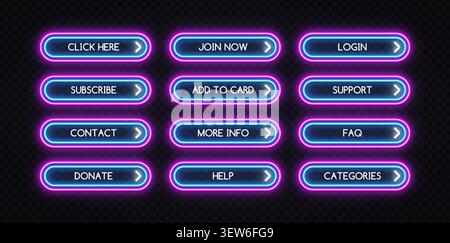 Set of neon dual-outline buttons in blue and pink with labels Click Here, Login, Subscribe and more. Cyberpunk-style UI kit for web, game or app Stock Vector
